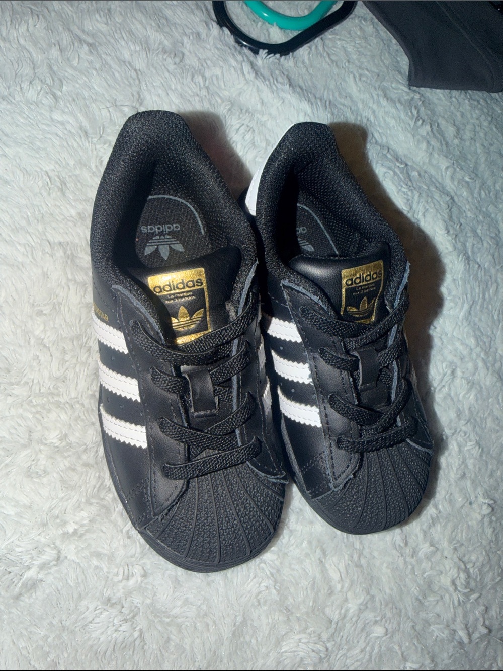 adidas Kids Black and White Shell-Toe Sneakers with Gold Logo